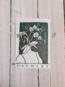 Orchids - original linocut print on hand-made paper