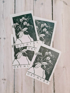 Orchids - original linocut print on hand-made paper