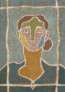 portrait of a woman in unrealistic colors inspired by cubism. The oil painting is in blue tones