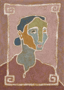 oil painting of a portrait of a woman in cubistic style with a pink background