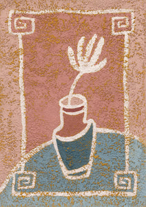 A painting of a vase with an abstract botanical leaf. The painting is in pink and blue tones
