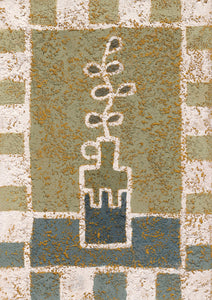 oil painting in textured finish of a vase in green tones and checkered frame
