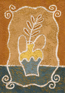 textured oil painting in warm yellow and orange colors featuring a vase 