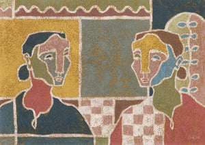 pastel colored oil painting of two stylized women with geometric elements in the background 