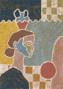 pastel colored oil painting of a stylized woman with geometric elements in the background 