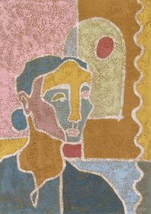 pastel colored oil painting of a stylized woman with geometric elements in the background 