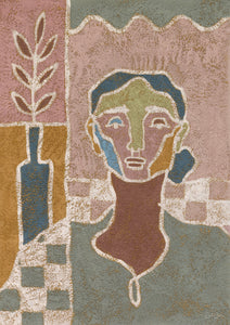 pastel colored oil painting of a stylized woman with geometric elements in the background 