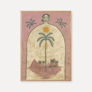 Art print of a figure connected to a date palm, symbolizing prosperity, resilience, and balance, in warm sand and blush tones.