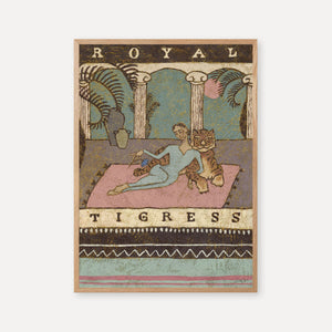 Modern bohemian art print of a woman lounging beside a tiger under arches, titled “Royal Tigress,” in soft marble, blush, and teal tones.