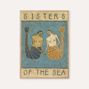 A print of two mermaids holding hands with a blue background