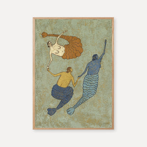 art print of three mermaids swimming together