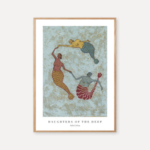 Ocean-inspired giclée art print featuring three mermaids holding hands