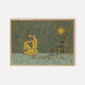 Modern art print of a woman sitting on the ground, nurturing small suns that grow into light, symbolizing self-made happiness and empowerment.