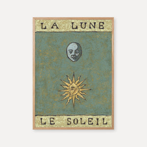 Art print featuring the sun and moon with human faces, titled “La Lune, Le Soleil,” in green and butter yellow tones symbolizing balance and connection.
