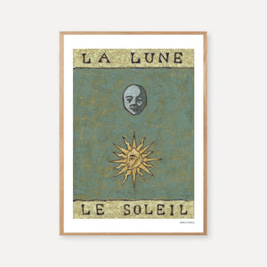art print of a sun and a moon on a green background with French text