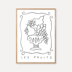 a clean, minimal print of a charcoal drawing featuring fruits in a vase