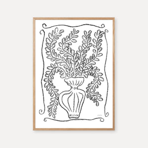Framed black and white illustration of a vase with foliage on a white background