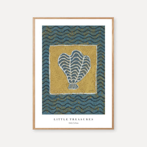 blue seashell print with white border