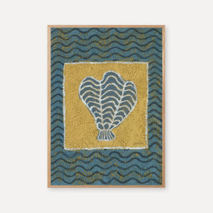 A print of a seashell in blue and yellow colors 