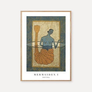 Orange-tailed mermaid illustration with blue skin in folk art style