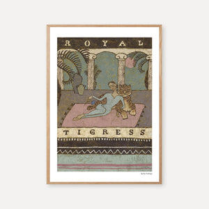 royal tigress art print of a woman and a tiger in a moroccan, middle eastern and bohemian setting 