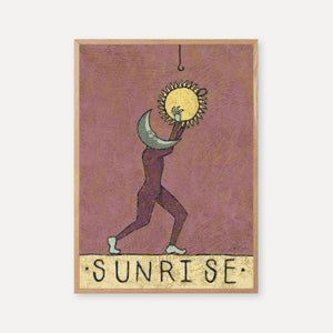 Art print titled “Sunrise,” showing a figure with a moon face lifting the sun against a mauve and butter yellow background, symbolizing renewal and light.