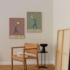 two complimentary art prints of a characterized sunrise and a sunset