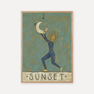 Art print titled “Sunset,” showing a figure with a sun face lifting the moon against a textured green and golden background, symbolizing balance and connection.