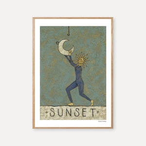 an art print of a person with a sun for a face lifts up the moon in the sky