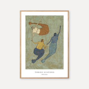 art print of three mermaids in different colors with a green background